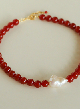 法式复古红玛瑙巴洛克珍珠项链