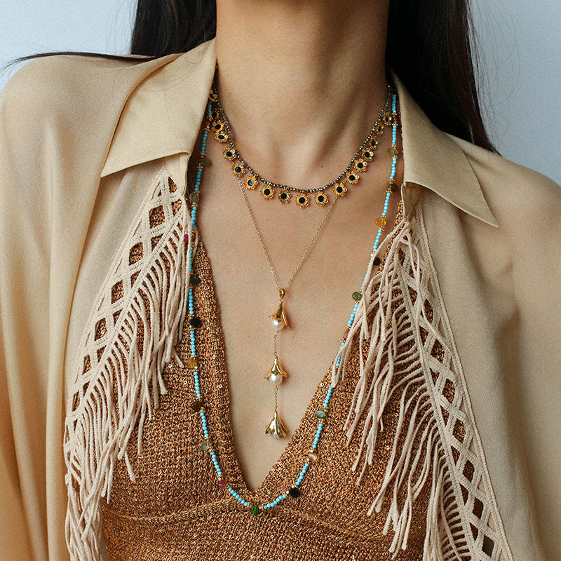 复古法式铃兰花天然珍珠项链耳环