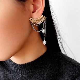突家 复古风金矿石链条珍珠流苏睫毛耳钉女小众设计个性耳环耳饰