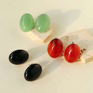 TU家简约椭圆蛋面天然石耳钉女中式冷淡风百搭东陵石玛瑙气质耳环