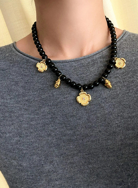 小众设计黑玛瑙四叶草多吊坠项链