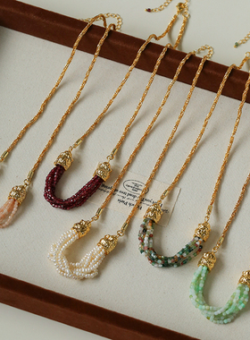 法式小众彩色天然石串珠微笑项链