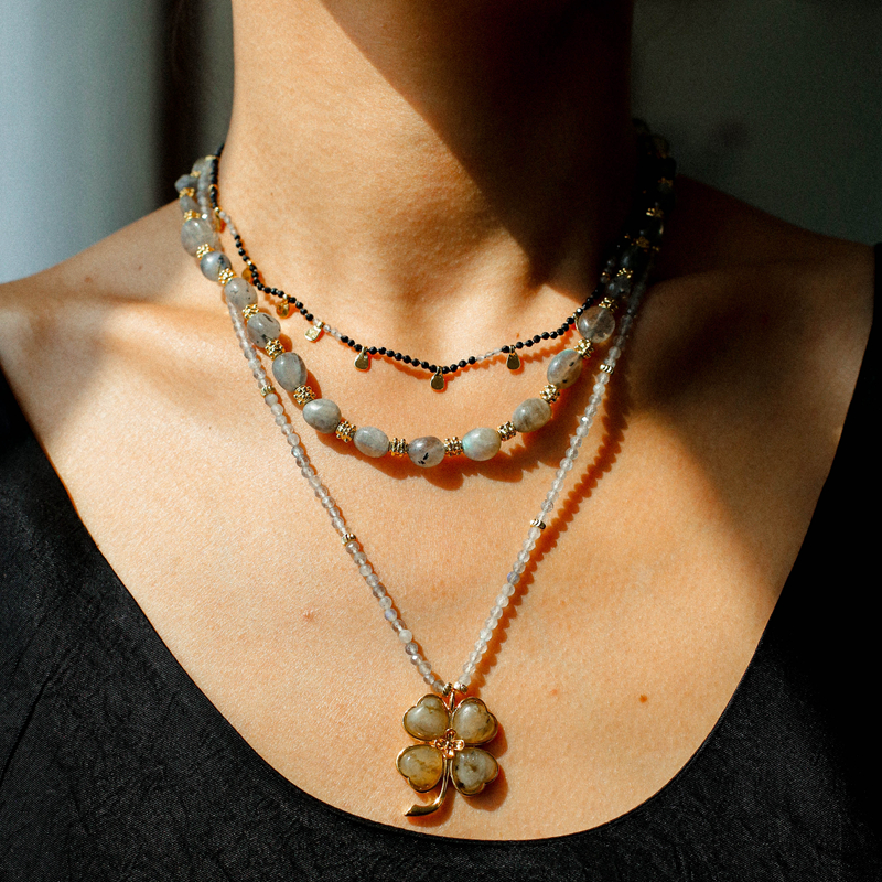 欧美ins月光石爱心四叶草项链