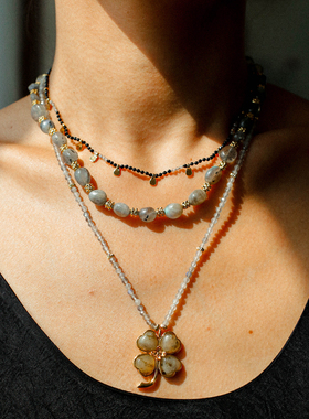 欧美ins月光石爱心四叶草项链