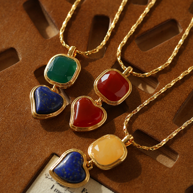 复古vintage彩色爱心天然石项链