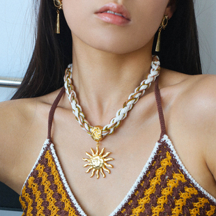 TU家 复古太阳神吊坠手工编绳项链小众设计夸张配饰choker锁骨链