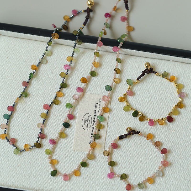 法式复古天然石彩色碧玺项链手链