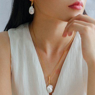 简约天然巴洛克珍珠耳环项链