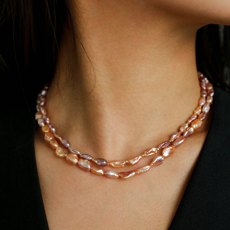 天然炫彩keshi珍珠碎银子项链