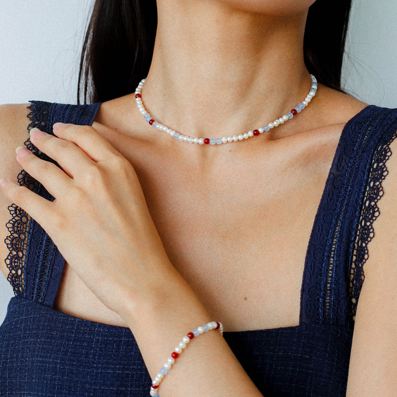 小众天然珍珠红蓝玛瑙项链手链