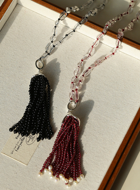 小众白水晶石榴石黑玛瑙流苏项链
