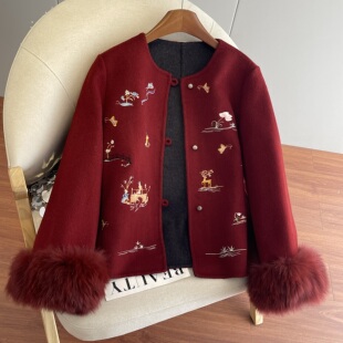 新中式短款双面羊毛大衣女秋冬新款小个子国风刺绣高级感毛呢外套