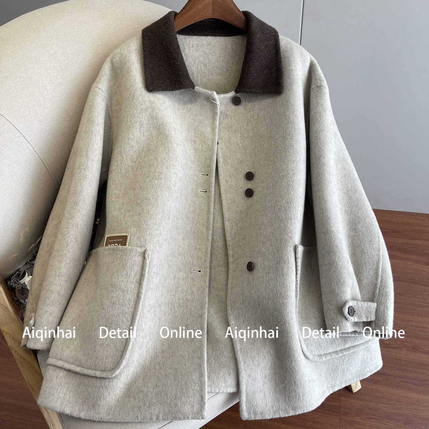 韩系拼接双面呢大衣女2026春季新款高级感中长款显瘦羊毛呢子外套