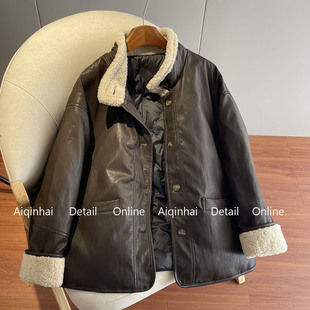 白鸭绒内胆保暖外套潮 中长款 咖色羊羔毛拼接皮衣羽绒服女冬季 新款