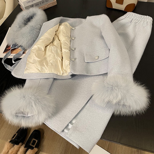 狐狸毛毛呢小香风羽绒服套装
