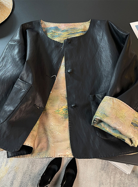 黑色PU皮衣外套女2025春季新款韩版宽松休闲小个子拼接撞色上衣