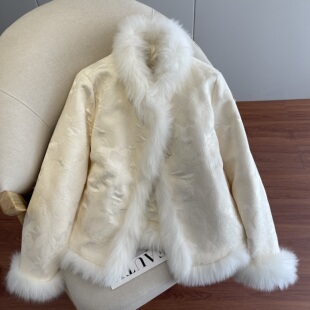 新中式羽绒服女装冬季新款国风提花狐狸毛拼接独特漂亮冬装厚外套