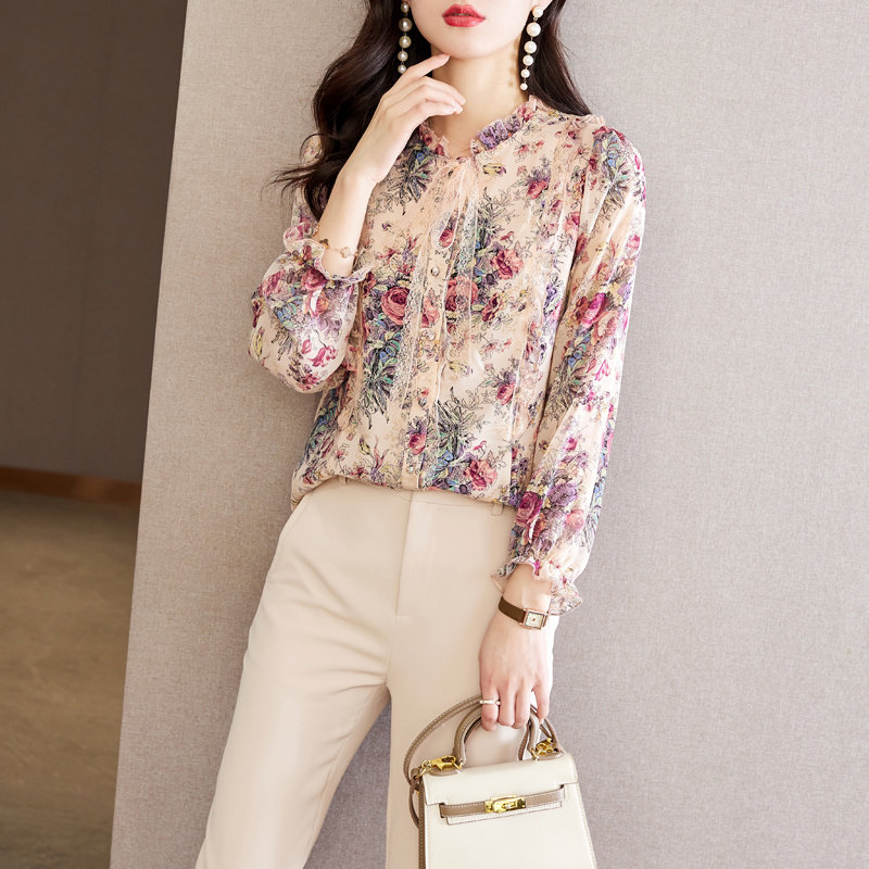 欧洲站高级感衬衫女2022年春夏新款长袖上衣女韩版高档碎花雪纺衫