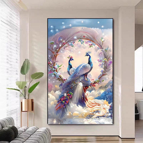 宣绒布钻石画2024新款满钻玄关贴钻十字绣孔雀钻石绣客厅百鸟朝凤