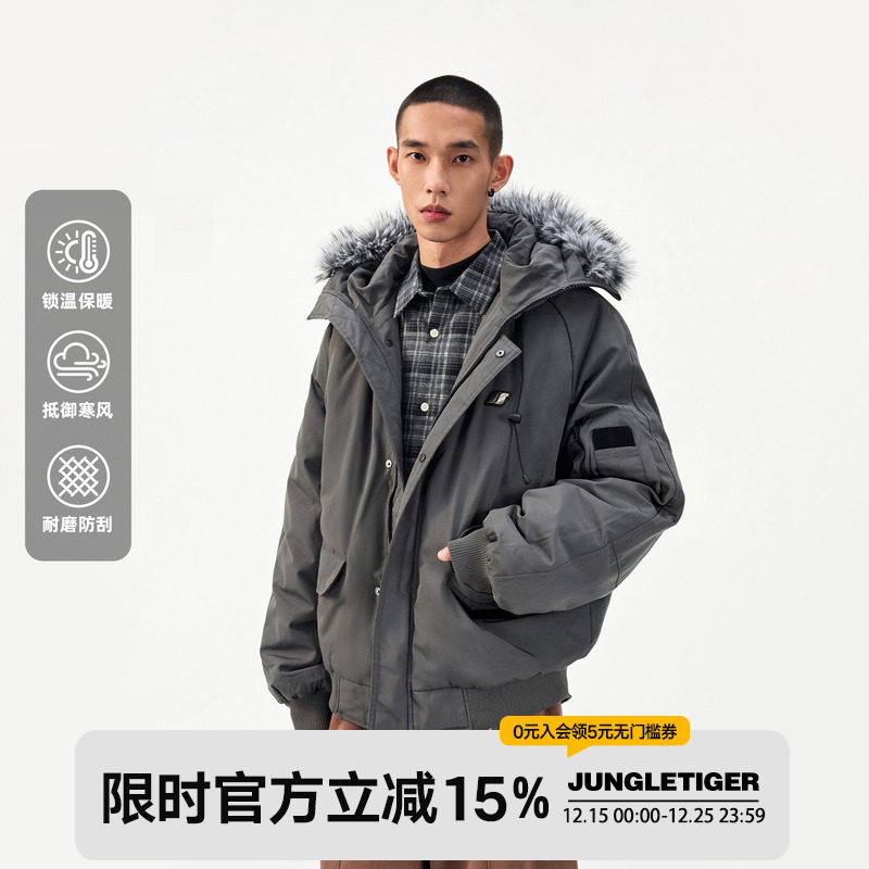 丛林老虎美式毛领工装羽绒服男女