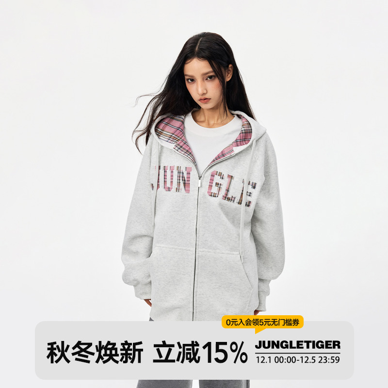 丛林老虎贴布格子拉链卫衣帽衫女