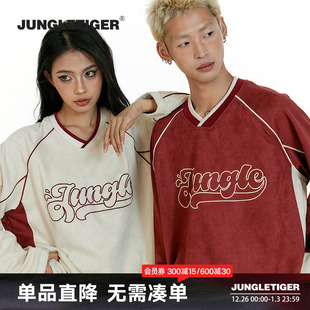 丛林老虎美式 上衣 字母刺绣V领麂皮绒卫衣男女2025秋冬潮牌情侣装