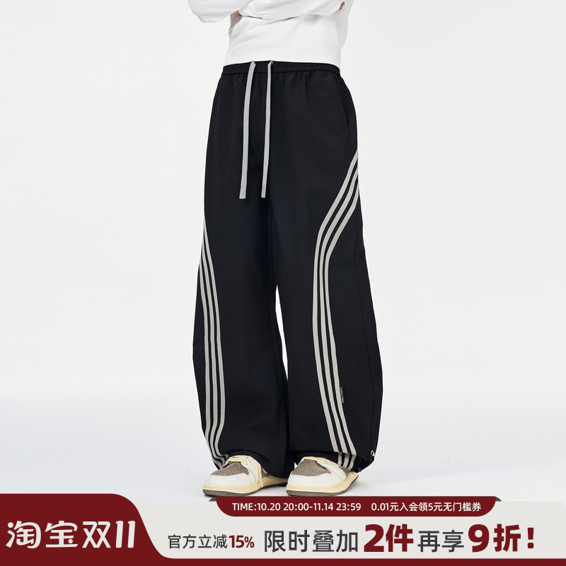 丛林老虎美式三条杠阔腿弯刀裤男