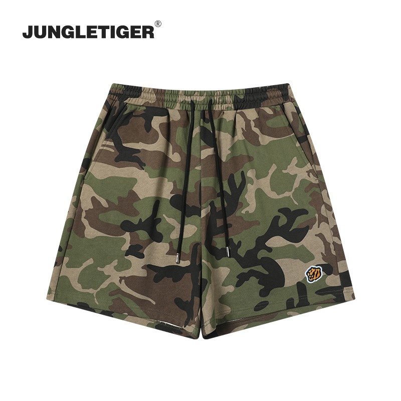 JUNGLETIGER虎头刺绣迷彩针织短裤男夏季宽松纯棉380g重磅五分裤