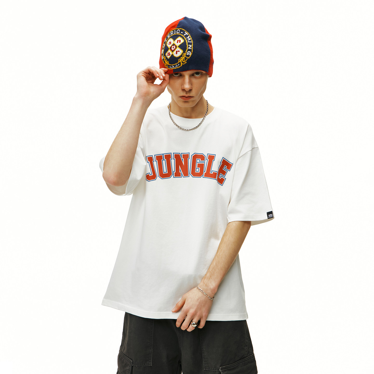 丛林老虎街头嘻哈字母印花纯短袖男美式复古滑板运动纯棉重磅t恤