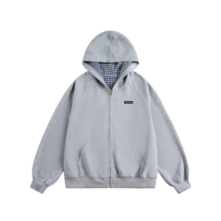 重磅开衫 运动情侣装 外套 复古格子拼接连帽卫衣男春季 丛林老虎美式