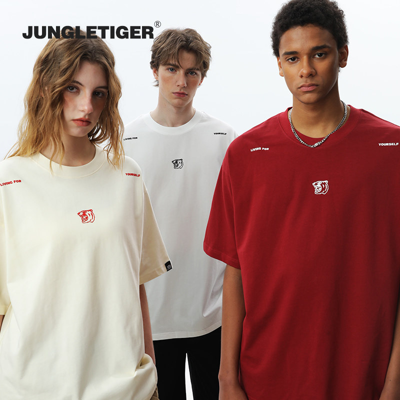 丛林老虎美式红色T恤男潮牌夏日短袖女宽松情侣重磅半袖上衣夏