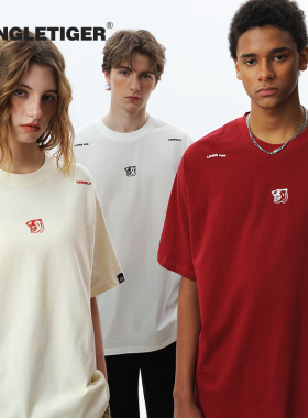 丛林老虎美式红色T恤男潮牌夏日短袖女宽松情侣重磅半袖上衣夏