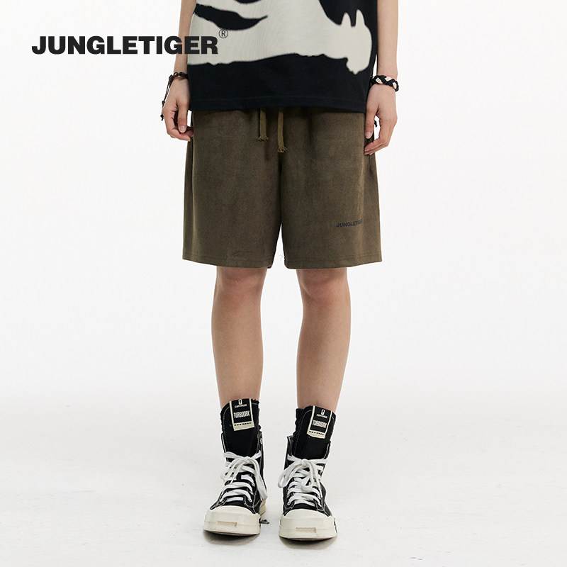 丛林老虎简约硅胶logo麂皮绒男生短裤潮牌休闲宽松运动裤五分中裤