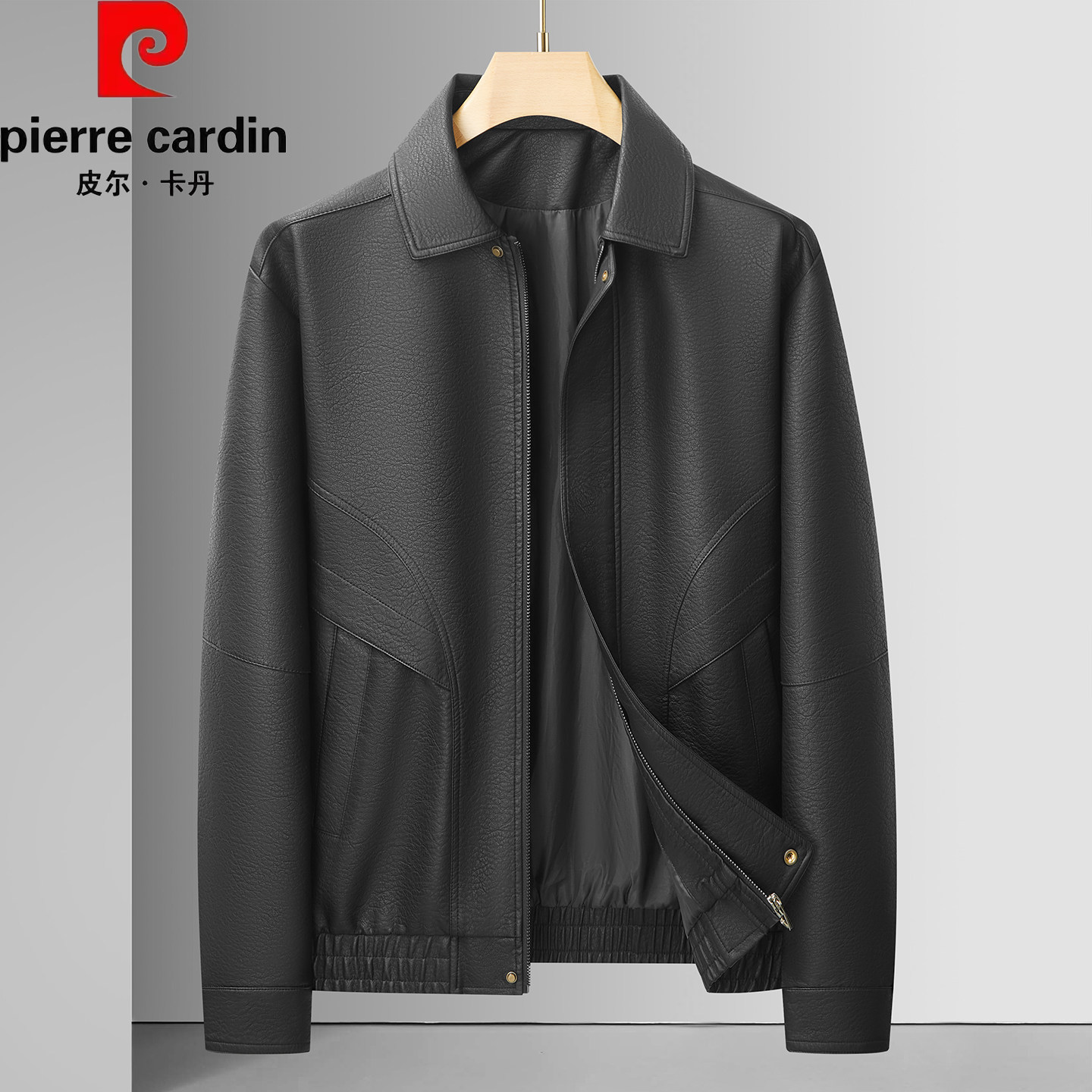 皮尔卡丹加肥加大码翻领防皮夹克