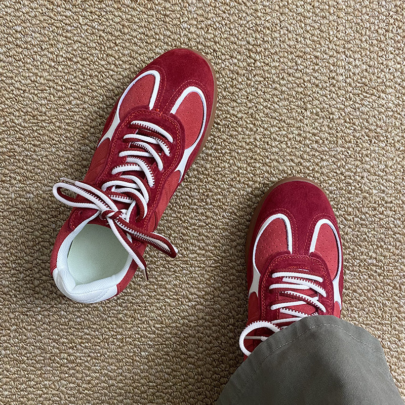 红色德训鞋男款真皮透气平底运动训练鞋软底赛车鞋复古通勤阿甘鞋