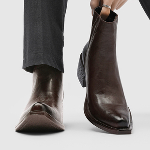 切尔西靴男真皮翘头英伦风巫师靴厚底增高骑士靴模特走秀拉链短靴