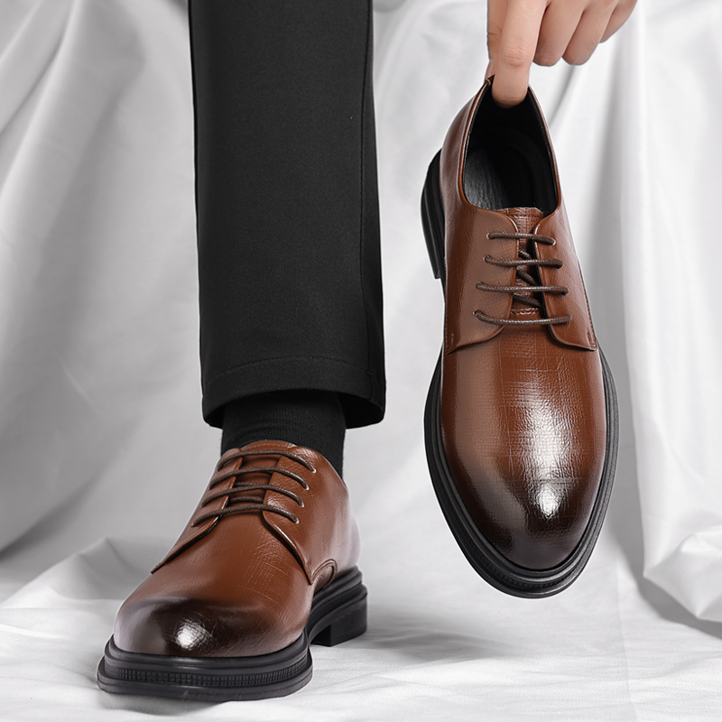 棕色皮鞋男真皮冬季加绒新郎鞋