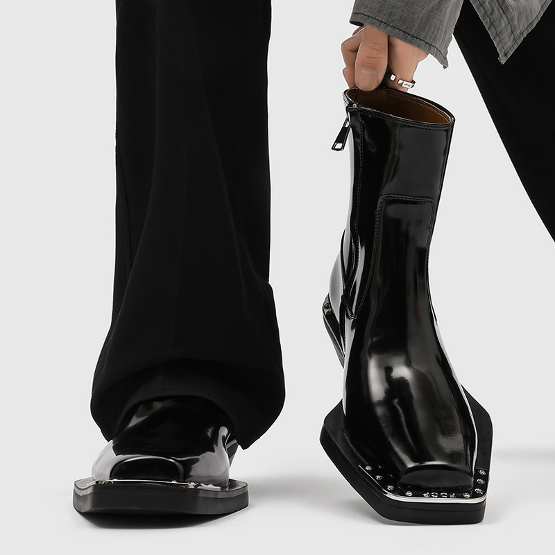 方头切尔西靴男款漆皮亮面潮款铁头中帮高跟短靴侧拉链高帮马丁靴