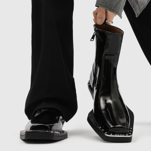 方头切尔西靴男款漆皮亮面潮款铁头中帮高跟短靴侧拉链高帮马丁靴