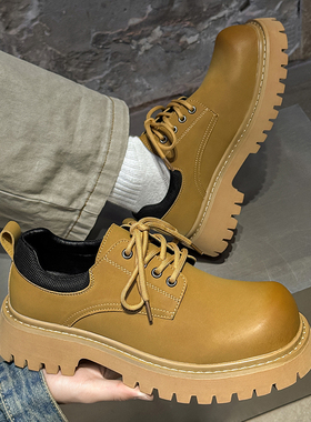低帮大黄靴男款真皮圆头休闲工装鞋复古厚底增高大头米奇德比鞋