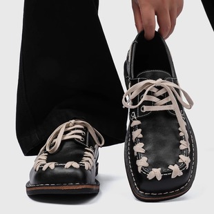 小众德比鞋男款真皮方头英伦通勤皮鞋潮款复古编织乐福鞋帆船鞋女