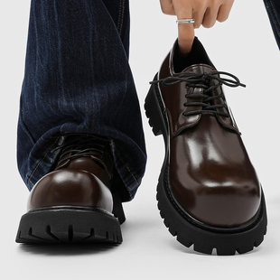 德比鞋男真皮棕色英伦风厚底增高大头鞋翘头复古通勤工装休闲皮鞋