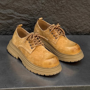 美式复古翘头工装鞋男真皮增高大头鞋休闲皮鞋情侣款低帮马丁靴女