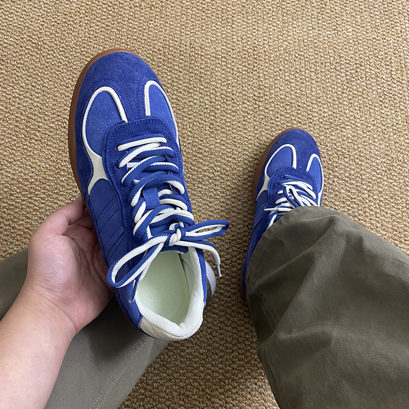 复古德训鞋男款真皮蓝色平底运动慢跑鞋软底训练鞋圆头通勤阿甘鞋