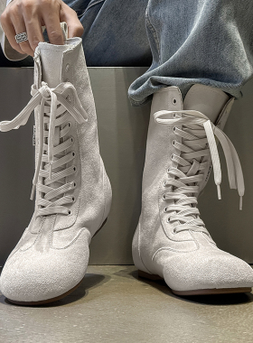 白色长筒马丁靴男女秋季高帮时装靴2025新款高级感复古情侣拳击靴