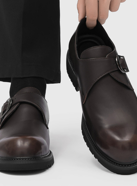 休闲皮鞋男款真皮正装商务一脚蹬乐福鞋厚底增高孟克通勤德比鞋