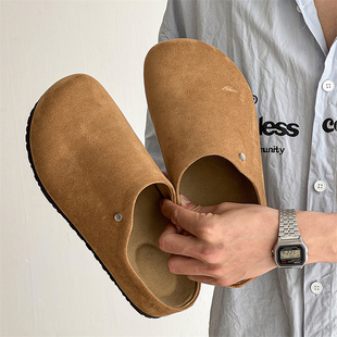 真皮包头半拖鞋男款夏季一脚蹬懒人软底穆勒鞋复古外穿勃肯鞋女