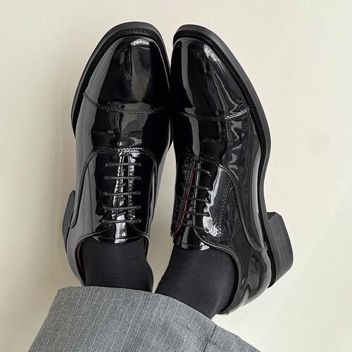 CL红底皮鞋男漆皮三接头德比鞋