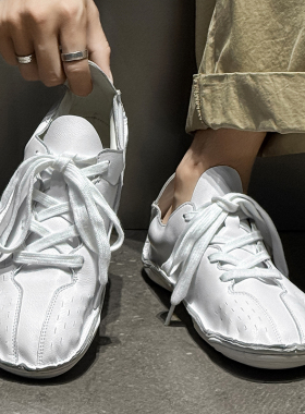 白色德训鞋男女真皮情侣软底赤足徒步鞋简约平底开车通勤休闲鞋