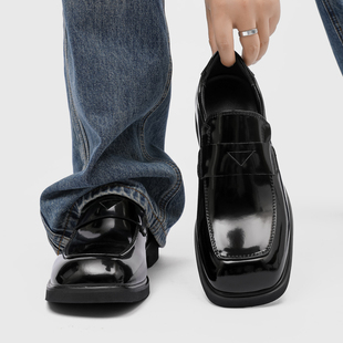 方头德比鞋男款真皮高级感一脚蹬乐福鞋复古英伦黑色休闲通勤皮鞋